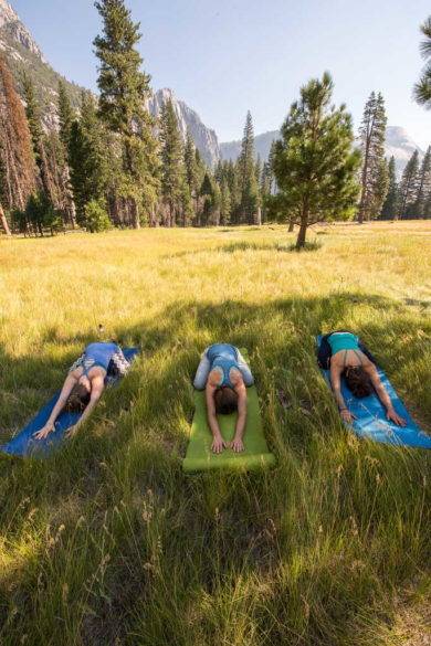 Alexa Flower, Jane Jackson and Leslie Yedor. Morning Yoga, Yosemite Valley, CA.
